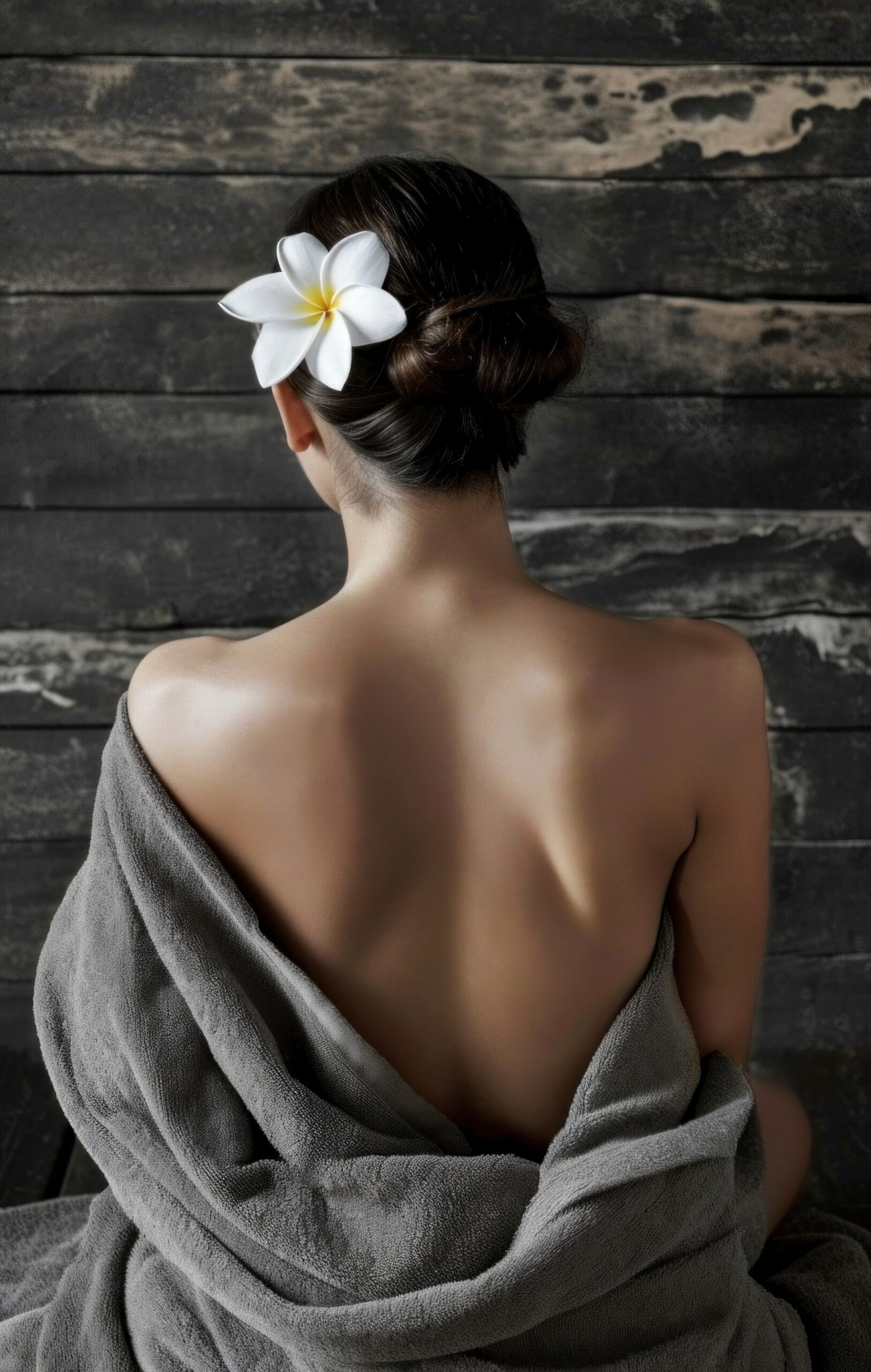 beautiful beauty woman sitting in the sauna, with a towel over h